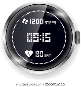 A stylish smartwatch face featuring a retro pixelated design with step counter, heart rate monitor, and digital time display