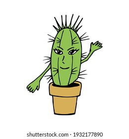 Elegante cactus sonriente sobre fondo blanco. Estilo Doodle. Imagen vectorial. 
