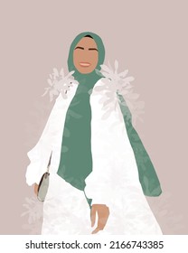 Stylish smiling islamic model in hijab and abaya. Fashion arabic muslim woman in hijab. Illustration of a happy young arab woman. Fashion arabian girl. Emirati Women's day greeting card