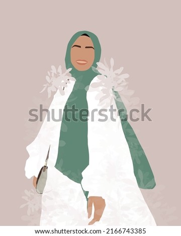 Stylish smiling islamic model in hijab and abaya. Fashion arabic muslim woman in hijab. Illustration of a happy young arab woman. Fashion arabian girl. Emirati Women's day greeting card Foto d'archivio © 