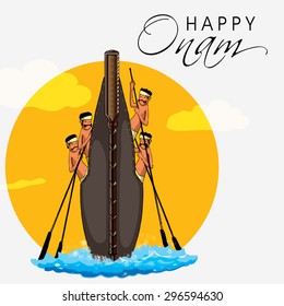 Stylish snake boat with oarsmen on grey background for South Indian festival, Happy Onam celebration.