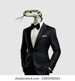 A stylish snake wearing a black suit, a white shirt,  and a black bowtie, standing confidently against a solid grey background