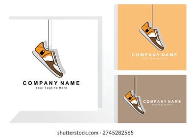 Stylish sneaker hanging by its laces. Dynamic vector art in brown, orange, and white. Perfect for fashion, sports, and branding.