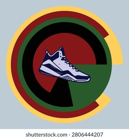 A stylish sneaker positioned centrally inside a vibrant circular gradient background with red, green, and yellow tones.