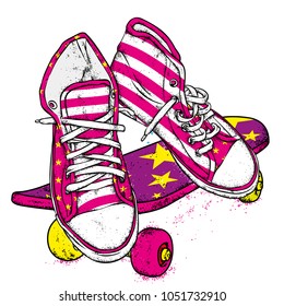 Stylish sneakers and jeans. Vector illustration. Street shoes. A picture for a postcard or a poster, a print on clothes.