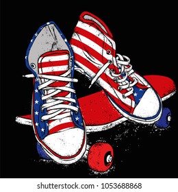 Stylish sneakers and jeans. Vector illustration. Street shoes. A picture for a postcard or a poster, a print on clothes.