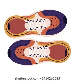 Stylish sneakers with laces top view. Multicolor running shoes, fitness boots. Fashion trainers pair for walking. Modern footwear model in sport style. Flat isolated vector illustration on white