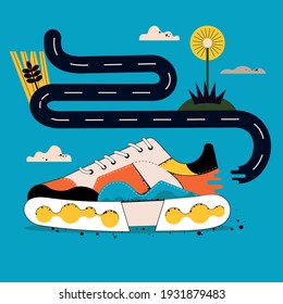 Сomposition of stylish sneakers in ugly-shoes style in orange, yellow, white tones on a blue background