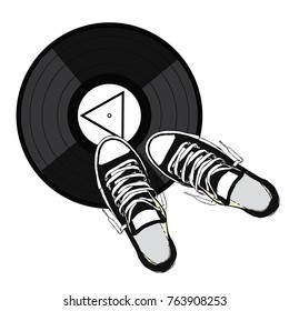 Stylish sneakers and a vinyl record. Vector illustration. Fashion & Style. Music and shoes.