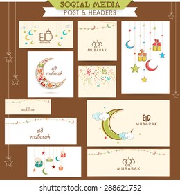 Stylish social media post, header or banner set decorated with crescent moon, gifts and stars for Islamic holy festival, Eid Mubarak celebration.