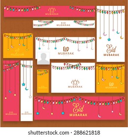 Stylish social media post, header or banner set with colorful lights, hanging moons and stars for famous festival of Muslim community, Eid Mubarak celebration.