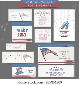 Stylish social media post, headers, banners or ads for 4th of July, American Independence Day celebration.
