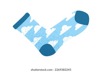 Stylish sock with clouds. Blue element of clothing with print, accessory. Aesthetics and elegance. Sticker for social networks and messengers. Cartoon flat vector illustration