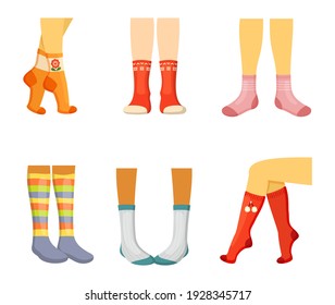 Stylish socks on legs set. Elegant womens red textiles with decorative pompoms funny striped teenagers mens strict white with inserts woolen trendy short sports and hot weather. Vector clothes.