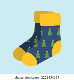 Stylish socks with print. Beautiful festive socks with Christmas trees. Clothes for New Year or Christmas. Design element for stickers or posters. Cartoon flat vector illustration on blue background