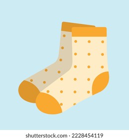 Stylish socks with print. Cute beige socks with polka dots. Classic or traditional style. Cotton legwear. Design element for stickers or posters. Cartoon flat vector illustration on blue background