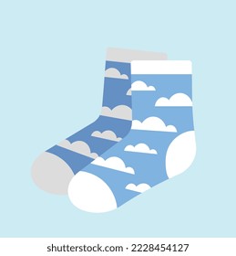 Stylish socks with print. Poster with blue socks with white clouds. Sky print legwear. Fashion or trendy clothes. Design element for print. Cartoon flat vector illustration on blue background