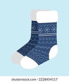 Stylish socks with print. Poster with warm woolen socks with winter christmas ornament, snowflakes and waves. Design element for social networks. Cartoon flat vector illustration on blue background