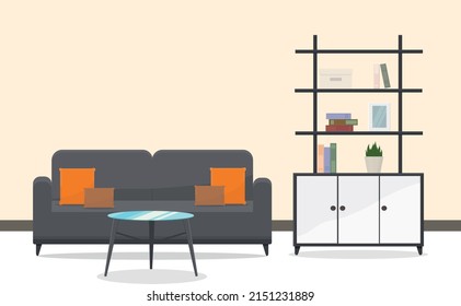 stylish sofa with round table and book shelves office room interior