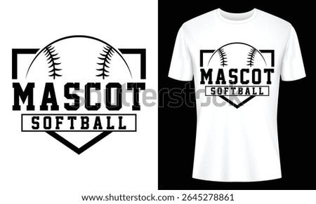 Stylish Softball team t-shirt design showcasing a baseball graphic inside a home plate shape with the word Mascot. Ideal for team spirit and apparel.