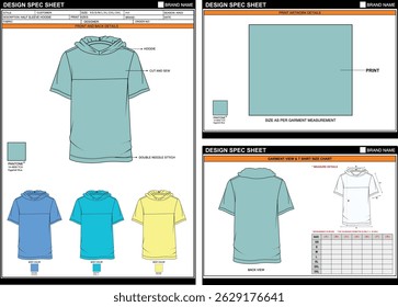 STYLISH SOLID HOODED HALF SLEEVE TEE EDITABLE EMPTY TECHPACK MEASUREMENT TEMPLATE