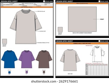 STYLISH SOLID LARGE OVERSIZE FIT TEE EDITABLE EMPTY TECHPACK MEASUREMENT TEMPLATE