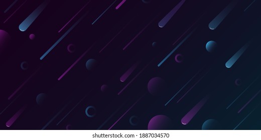 Stylish space background for your modern design. Futuristic, falling purple and blue meteorites in galaxy. Abstract cosmic concept. Vector illustration. EPS 10