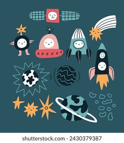 Stylish space clip art in cartoon style. Funny astronauts, planets, stars and rocket ships. Stylish hand drawn childish design elements. Space traveling illustration on dark blue background