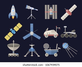 Stylish space ship constellation astrology radar cosmos universe technology meteor science shuttle astronaut rocket satellite vector.