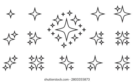 A stylish sparkle star icon set featuring multiple twinkling star shapes with clean black outline design. This minimalist vector collection represents shine, magic, light effects, glamour, celebration, and decorative elements. Perfect for logos, social media graphics, stickers, posters, invitations, beauty branding, Christmas designs, magical themes, and modern creative projects. The simple line art style makes these sparkle symbols versatile for both digital and print applications.

#SparkleIcon #StarIcon #ShineEffect #GlitterDesign #MagicStar #TwinkleSymbol #VectorSet #LineArtIcon #MinimalDesign #LightEffect #DecorativeElement #StarCollection #GraphicDesign