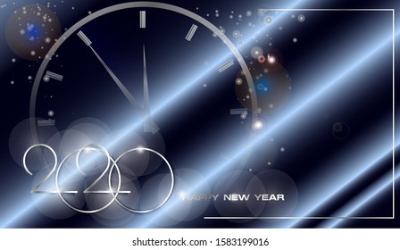 Stylish and sparkling new year background for 2020. Vector illustration with highlights and sparks with a clock in the background