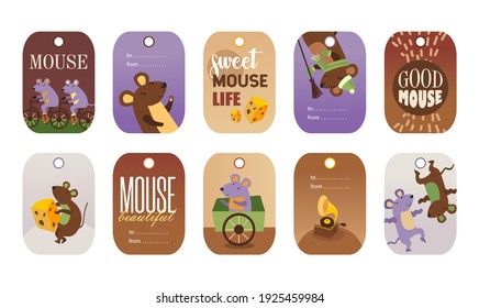 Stylish special tag designs with cute mice for store. Cartoon little mouse characters on colorful background. Rodents and animals concept. Template for greeting labels or invitation card