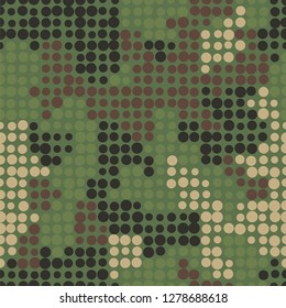 Stylish spotted forest camouflage. Repeating seamless vector pattern. Points of different size forming masking spots. Abstract military style for clothing and ammunition. Original camouflage texture.