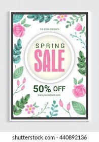 Stylish Spring Sale Flyer, Sale Banner, Sale Pamphlet, Discount upto 50% Off, Creative Sale Vector Illustration with colorful flowers.