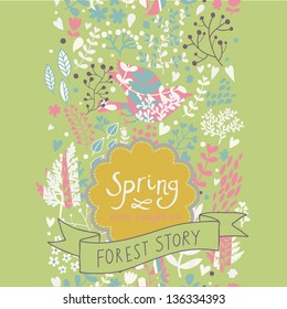 Stylish spring seamless pattern. Floral background with bright bird. Seamless pattern can be used for wallpapers, pattern fills, web page backgrounds, surface textures. Gorgeous seamless background