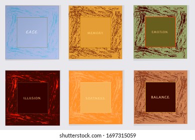 Elegante juego de tapas cuadradas.  Cubierta con pincel. Manchas de pintura coloridas. Diseño de gráficos de publicidad.  Marco adhesivo. Modern Square Boxes Collection.