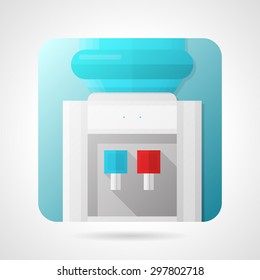 Stylish square flat color design vector icon for water cooler dispenser with red and blue faucets on gray background.