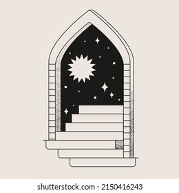 Stylish square illustration. Black element on a light background. Geometric ink pattern. Poster for decoration and design with gates, arches, sun, stars.
