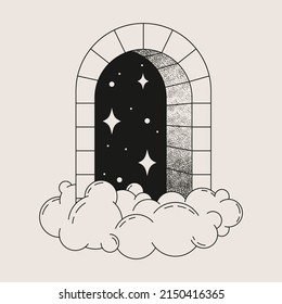 Stylish square illustration. Black element on a light background. Geometric ink pattern. Poster for decoration and design with gates, arches, sun, stars.