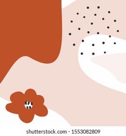 Stylish square template drawn by hand. Background with abstract shapes, round spots and flower. Modern vector illustration.