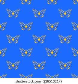 Stylish square tile with a captivating animal print. Seamless pattern with delicacy of butterfly shapes on blue (crayola) background. Design for a placemat with an animal picture.