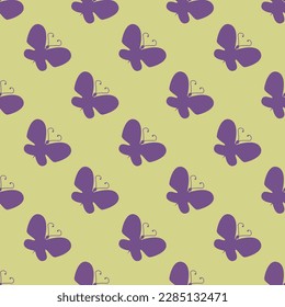 Stylish square tile with a captivating animal print. Seamless pattern with butterfly black shape rotated to right on dark lavender background. Design for tees with illustrations of pet animals.