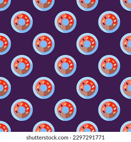 Stylish square tile with a captivating food print. Seamless pattern with donut on icterine background. Design for a striped cushion.