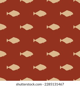 Stylish square tile displaying a vibrant animal sketch. Seamless pattern with halibut fish shape on burnt umber background. Design for a set of posters with animal illustrations.