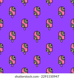 Stylish square tile displaying a vibrant food sketch. Seamless pattern with popsicle on lavender indigo background. Design for an intricate pattern.