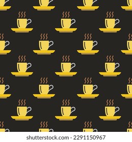 Stylish square tile displaying a vibrant food sketch. Seamless pattern with coffee on black leather jacket background. Design for a bioplastic wrap for sandwiches.