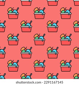 Stylish square tile displaying a vibrant food sketch. Seamless pattern with sundae on imperial blue background. Design for an antibacterial wrap for tacos.