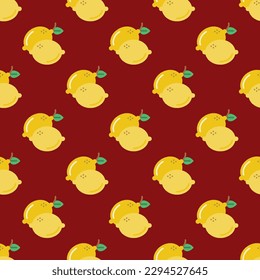 Stylish square tile displaying a vibrant food sketch. Seamless pattern with lemon on ruby red background. Design for a microwavable wrap for patties.