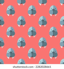 Stylish square tile with a lively animal drawing. Seamless pattern with walrus on light carmine pink background. Design for a set of stickers with animals illustrations.