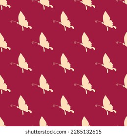Stylish square tile with a lively animal drawing. Seamless pattern with butterfly flying silhouette on peach puff background. Design for a brochure with an animal photo.
